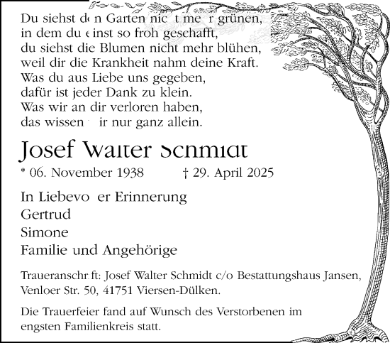 Traueranzeige von Josef Walter Schmidt von trauer.extra-tipp-moenchengladbach.de