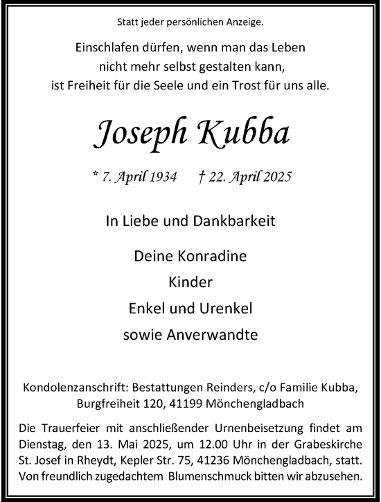 Traueranzeige von Joseph Kubba von trauer.extra-tipp-moenchengladbach.de