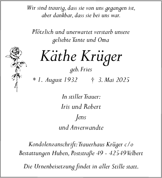 Traueranzeige von Käthe Krüger von trauer.extra-tipp-moenchengladbach.de
