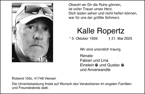 Traueranzeige von Kalle Ropertz von trauer.extra-tipp-moenchengladbach.de