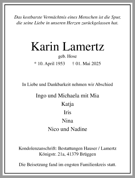 Traueranzeige von Karin Lamertz von trauer.extra-tipp-moenchengladbach.de
