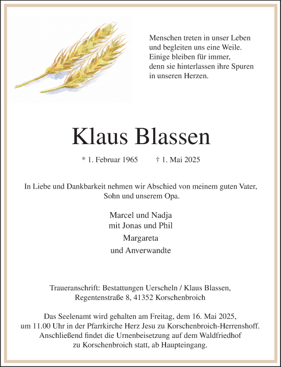 Traueranzeige von Klaus Blassen von trauer.extra-tipp-moenchengladbach.de