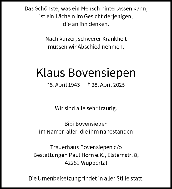 Traueranzeige von Klaus Bovensiepen von trauer.wuppertaler-rundschau.de