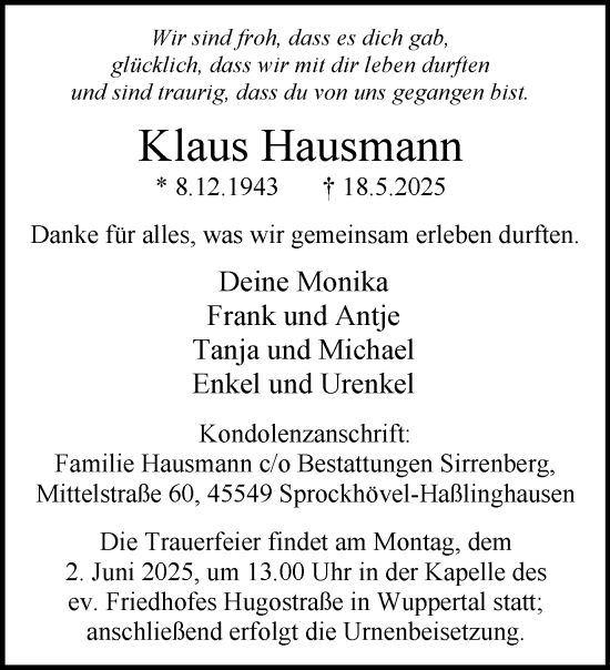 Traueranzeige von Klaus Hausmann von trauer.wuppertaler-rundschau.de
