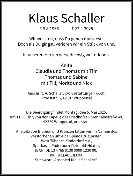 Traueranzeige von Klaus Schaller von trauer.wuppertaler-rundschau.de