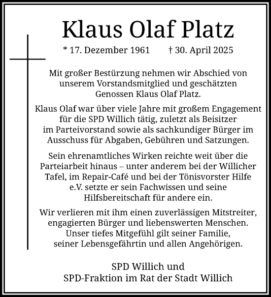 Traueranzeige von Klaus Olaf Platz von trauer.extra-tipp-moenchengladbach.de