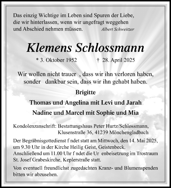 Traueranzeige von Klemens Schlossmann von trauer.extra-tipp-moenchengladbach.de