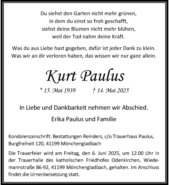 Traueranzeige von Kurt Paulus von trauer.extra-tipp-moenchengladbach.de