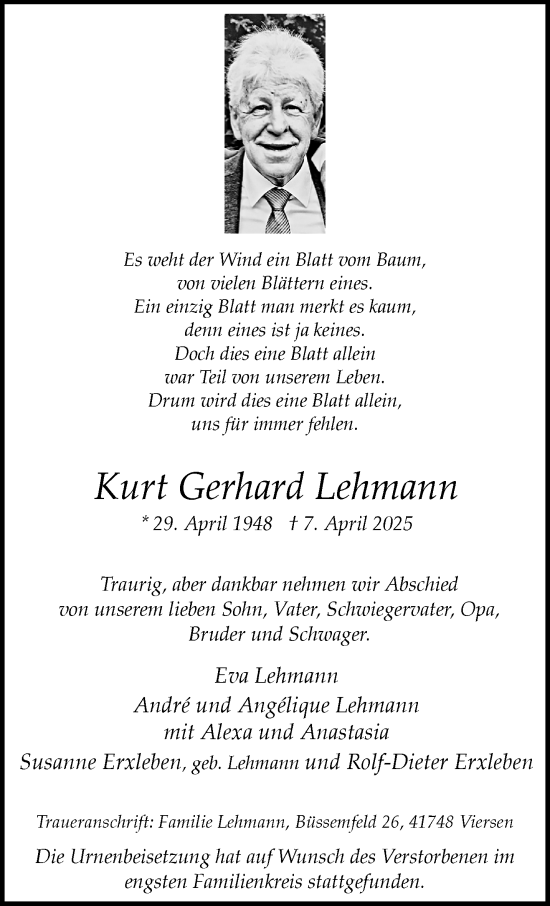 Traueranzeige von Kurt Gerhard Lehmann von trauer.extra-tipp-moenchengladbach.de