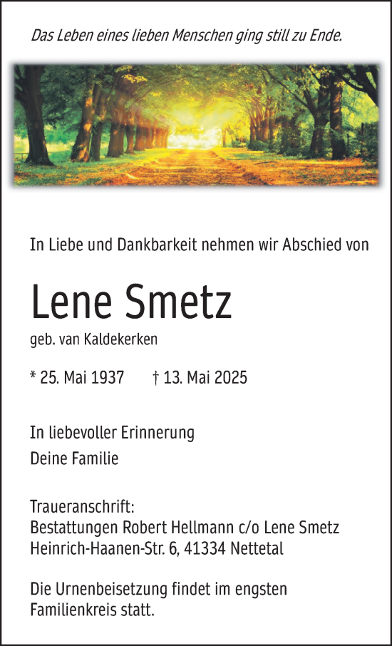 Traueranzeige von Lene Smetz von trauer.extra-tipp-moenchengladbach.de