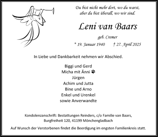 Traueranzeige von Leni van Baars von trauer.stadt-kurier.de