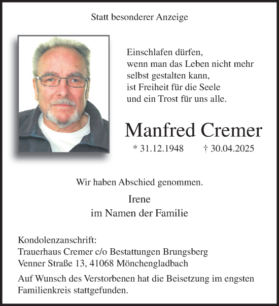 Traueranzeige von Manfred Cremer von trauer.extra-tipp-moenchengladbach.de