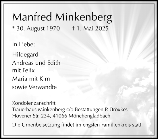 Traueranzeige von Manfred Minkenberg von trauer.extra-tipp-moenchengladbach.de