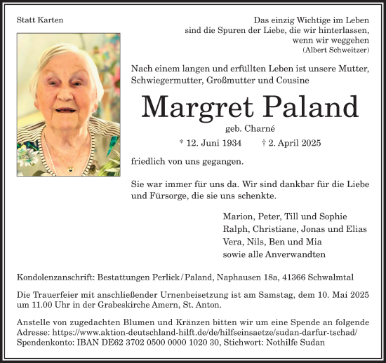 Traueranzeige von Margret Paland von trauer.extra-tipp-moenchengladbach.de