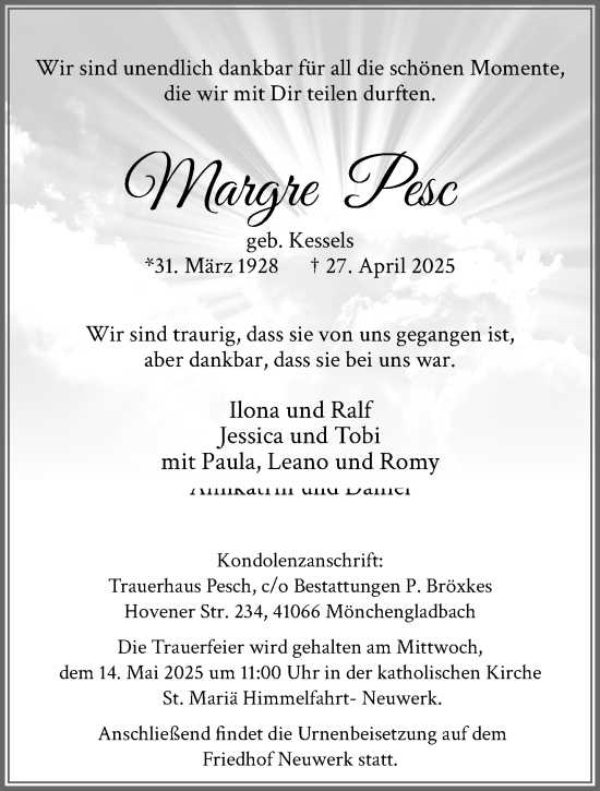 Traueranzeige von Margret Pesch von trauer.extra-tipp-moenchengladbach.de