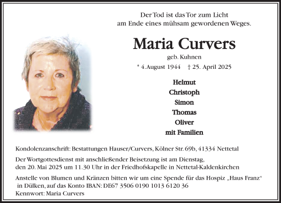 Traueranzeige von Maria Curvers von trauer.extra-tipp-moenchengladbach.de