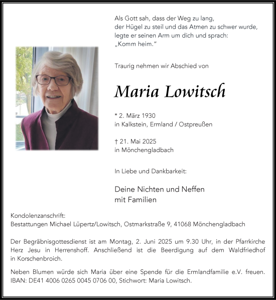 Traueranzeige von Maria Lowitsch von trauer.extra-tipp-moenchengladbach.de