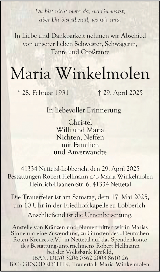 Traueranzeige von Maria Winkelmolen von trauer.extra-tipp-moenchengladbach.de
