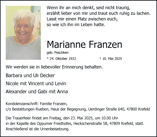 Traueranzeige von Marianne Franzen von trauer.extra-tipp-moenchengladbach.de