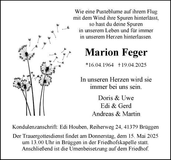 Traueranzeige von Marion Feger von trauer.extra-tipp-moenchengladbach.de