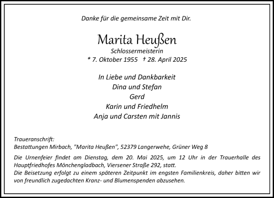 Traueranzeige von Marita Heußen von trauer.extra-tipp-moenchengladbach.de