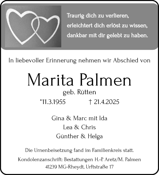Traueranzeige von Marita Palmen von trauer.extra-tipp-moenchengladbach.de