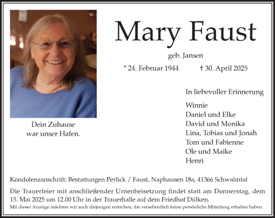 Traueranzeige von Mary Faust von trauer.extra-tipp-moenchengladbach.de
