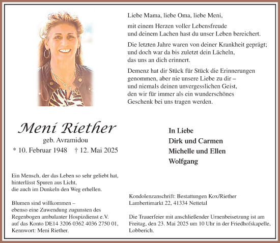 Traueranzeige von Meni Riether von trauer.extra-tipp-moenchengladbach.de