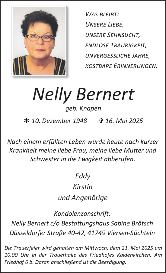 Traueranzeige von Nelly Bernert von trauer.extra-tipp-moenchengladbach.de