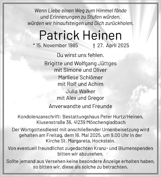Traueranzeige von Patrick Heinen von trauer.extra-tipp-moenchengladbach.de