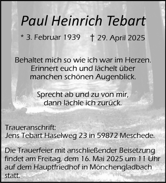 Traueranzeige von Paul Heinrich Tebart von trauer.extra-tipp-moenchengladbach.de