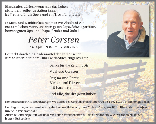Traueranzeige von Peter Corsten von trauer.extra-tipp-moenchengladbach.de