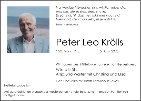 Traueranzeige von Peter  Krölls von trauer.extra-tipp-moenchengladbach.de