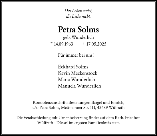 Traueranzeige von Petra Solms von trauer.wuppertaler-rundschau.de