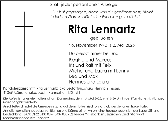 Traueranzeige von Rita Lennartz von trauer.extra-tipp-moenchengladbach.de