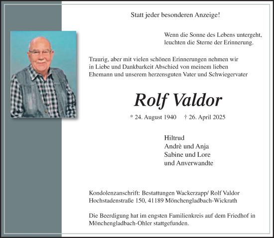 Traueranzeige von Rolf Valdor von trauer.extra-tipp-moenchengladbach.de