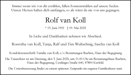 Traueranzeige von Rolf van Koll von trauer.extra-tipp-moenchengladbach.de