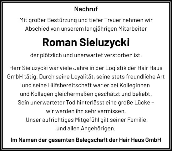 Traueranzeige von Roman Sieluzycki von trauer.extra-tipp-moenchengladbach.de