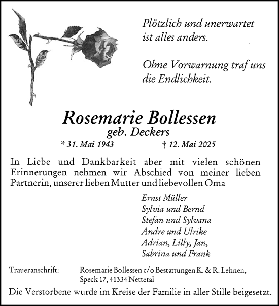 Traueranzeige von Rosemarie Bollessen von trauer.extra-tipp-moenchengladbach.de