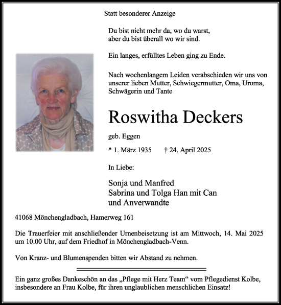 Traueranzeige von Roswitha Deckers von trauer.extra-tipp-moenchengladbach.de