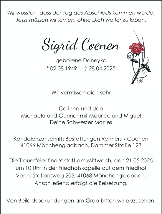 Traueranzeige von Sigrid Coenen von trauer.extra-tipp-moenchengladbach.de