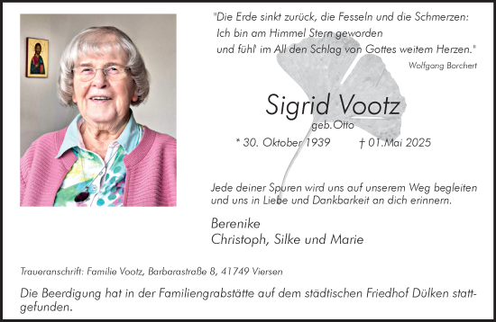 Traueranzeige von Sigrid Vootz von trauer.extra-tipp-moenchengladbach.de