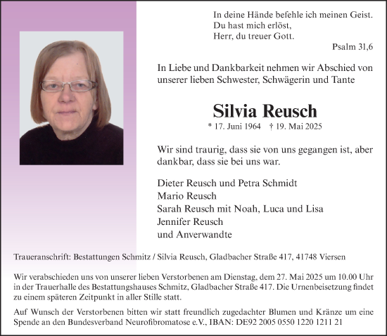 Traueranzeige von Silvia Reusch von trauer.extra-tipp-moenchengladbach.de