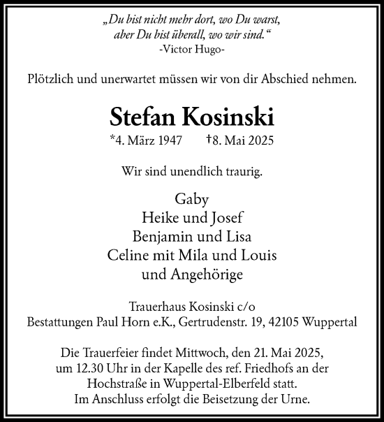 Traueranzeige von Stefan Kosinski von trauer.wuppertaler-rundschau.de