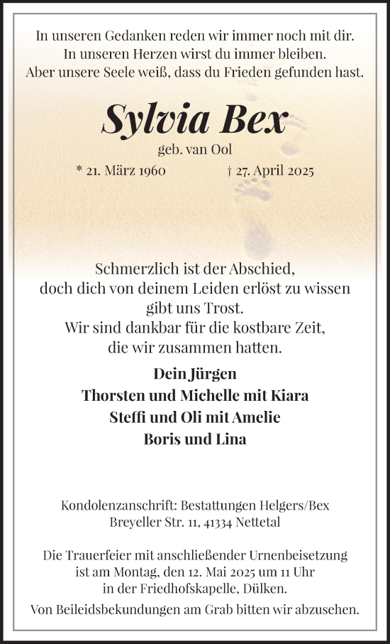 Traueranzeige von Sylvia Bex von trauer.extra-tipp-moenchengladbach.de