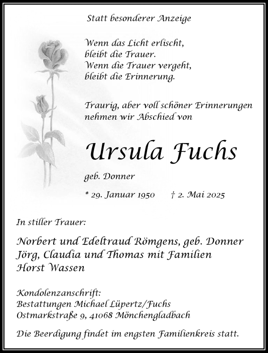 Traueranzeige von Ursula Fuchs von trauer.extra-tipp-moenchengladbach.de
