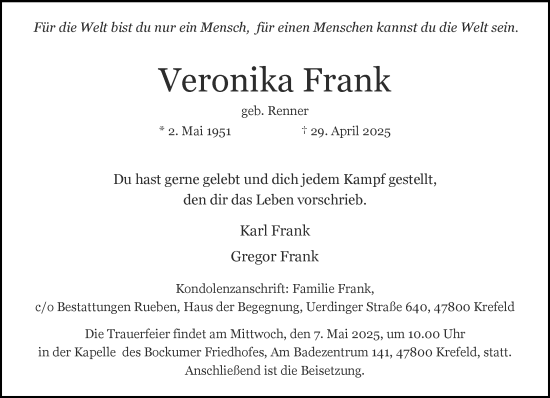 Traueranzeige von Veronika Frank von trauer.extra-tipp-moenchengladbach.de
