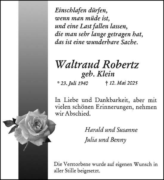 Traueranzeige von Waltraud Robertz von trauer.extra-tipp-moenchengladbach.de