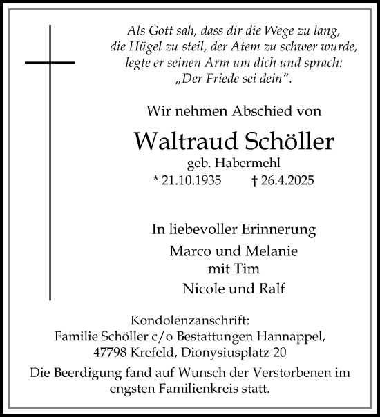 Traueranzeige von Waltraud Schöller von trauer.extra-tipp-moenchengladbach.de