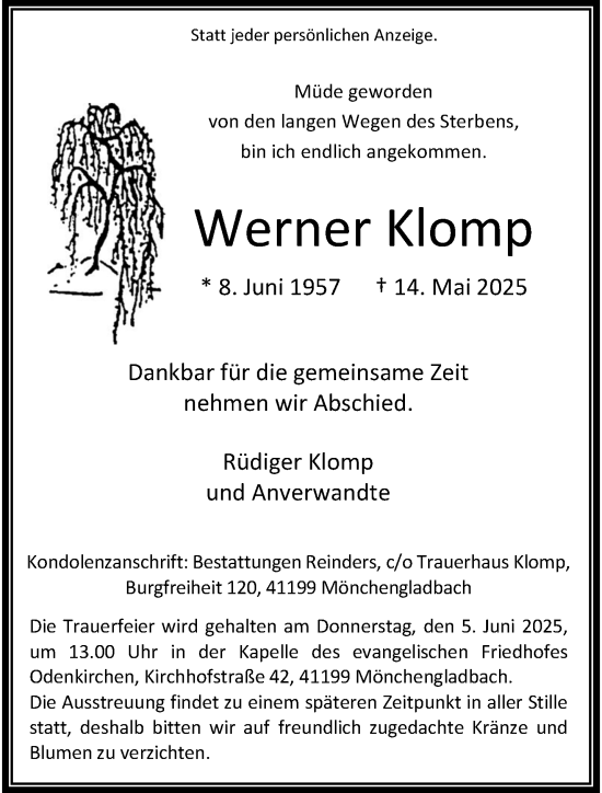 Traueranzeige von Werner Klomp von trauer.extra-tipp-moenchengladbach.de